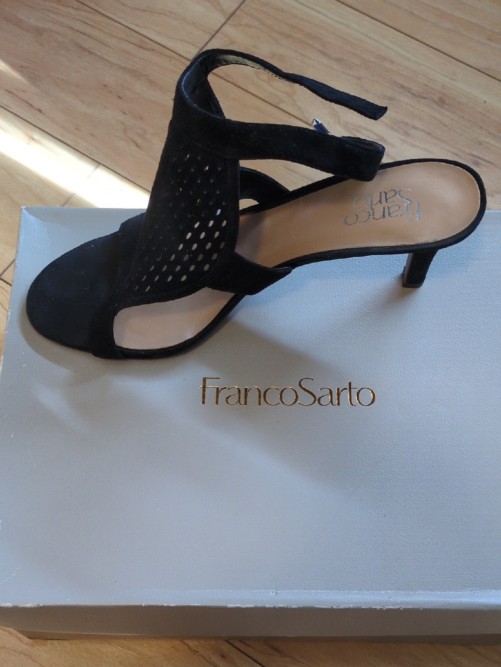 Franco Sarto Black Suede Perforated Heel Sandals